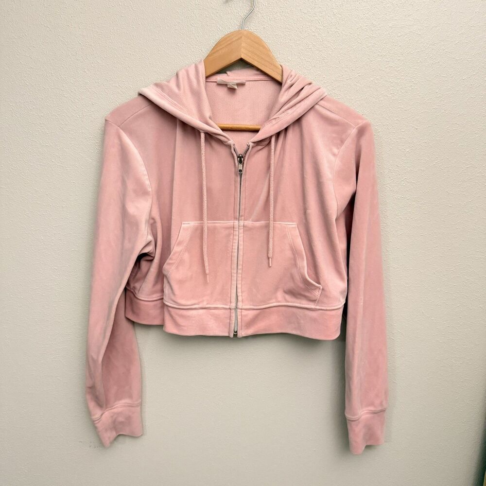 COLSIE Hoodie Velvet Zip-Up Crop Hooded Sweatshirt Pink Women's size L yoga